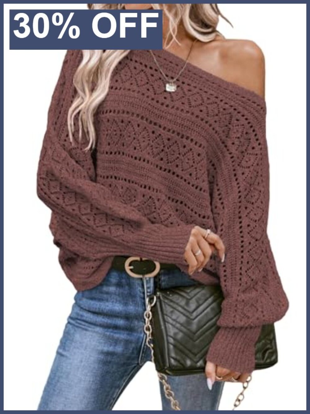 Crochet Boat Neck Long Batwing Sleeve Loose Knit Pullover Sweater